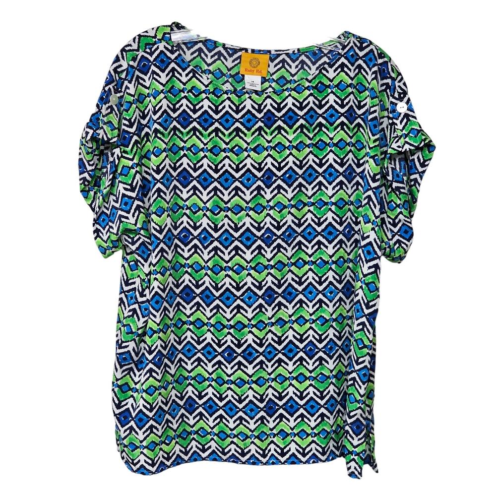 Ruby Rd. Ikat Tropical Semi Sheer Blouse Sz M Colorful Aztec